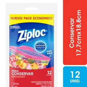 ZIPLOC MEDIANAS CONTIENE 12 UNIDADES DE 12 BOLSAS C/U CON CIERRE HERMETICO (17,7cm X 18,8cm)
